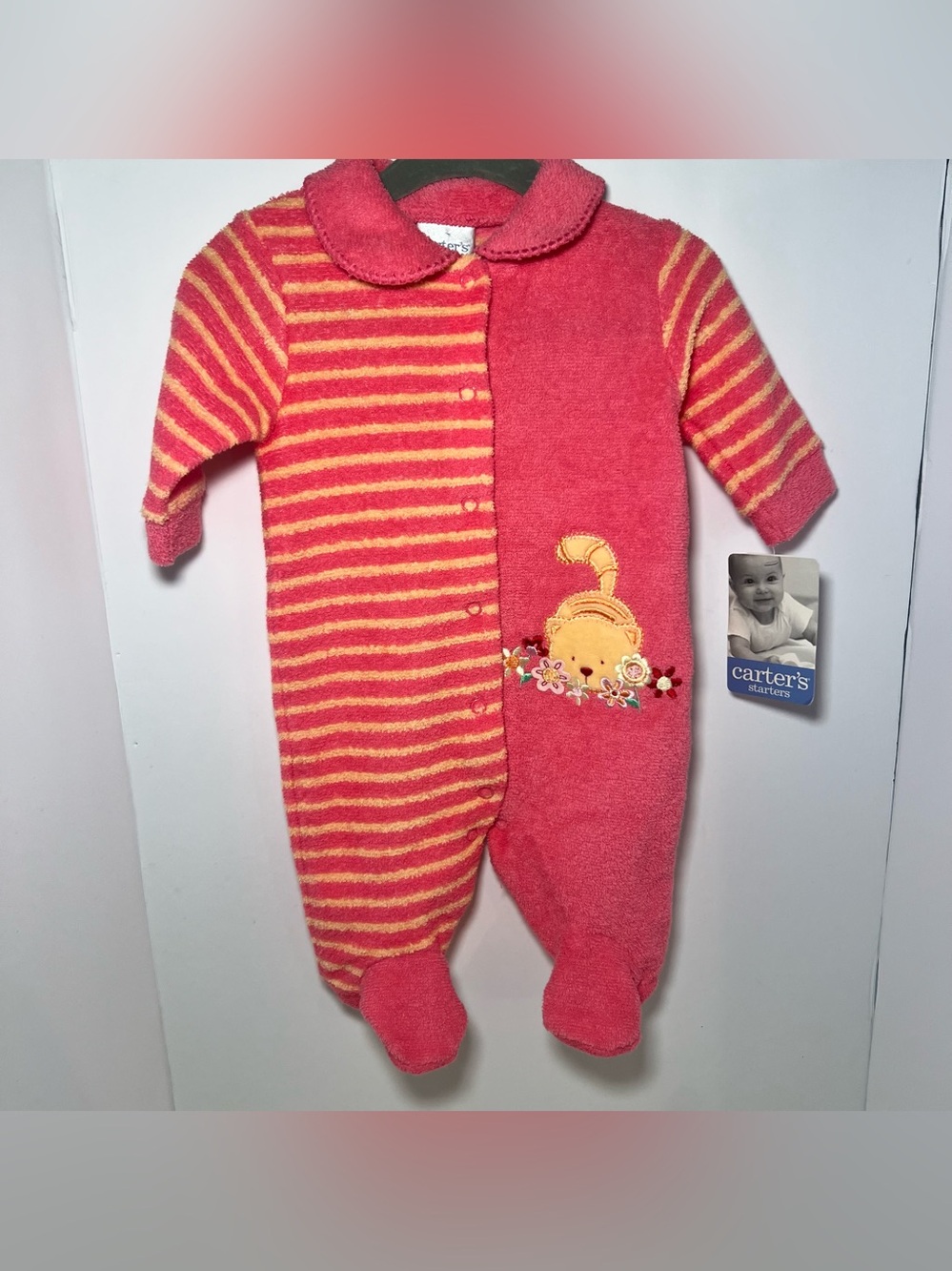 VTG Carters Grandmacore Coquette Orange Kitty Pink Stripe Terry Cloth Sleeper 90